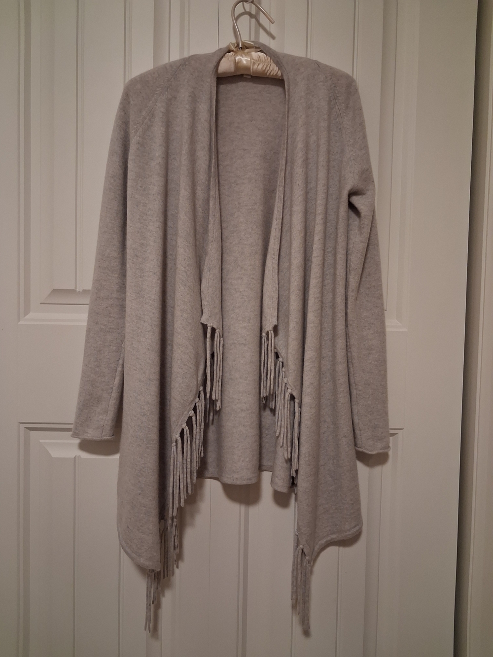Kinross Cashmere Gray Open-Front Waterfall Cardigan With Fringe XS